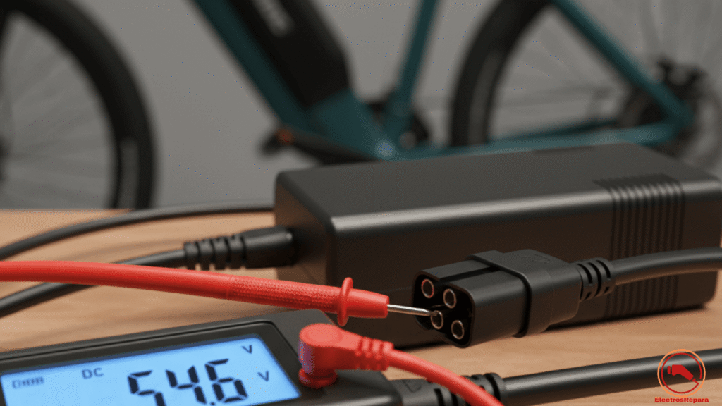 Multímetro midiendo el voltaje de salida de un cargador de bicicleta eléctrica defectuoso.