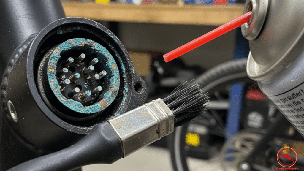 Primer plano de pines de conexión de batería de e-bike corroídos, listos para ser limpiados con cepillo.