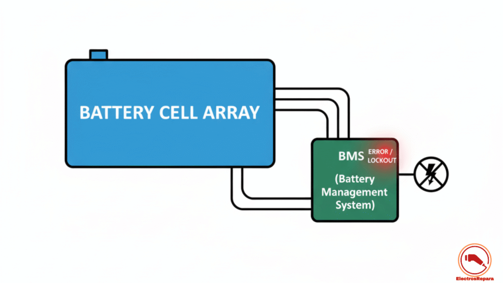 Diagrama conceptual de BMS bloqueado en batería de bicicleta eléctrica con luz de error.
