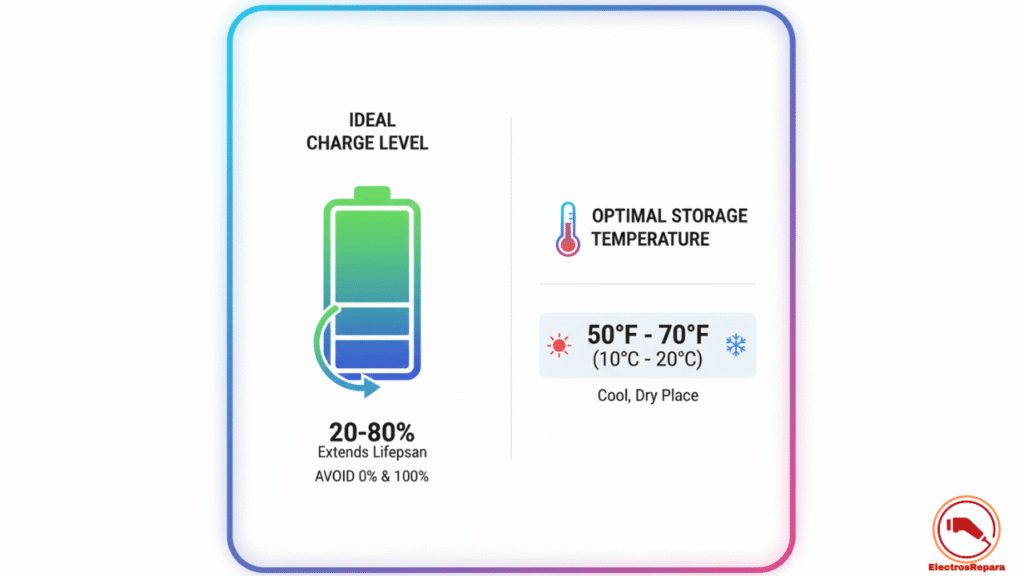 Gráfico de niveles de carga óptimos (20-80%) y temperaturas ideales para el mantenimiento de baterías de litio de e-bike.