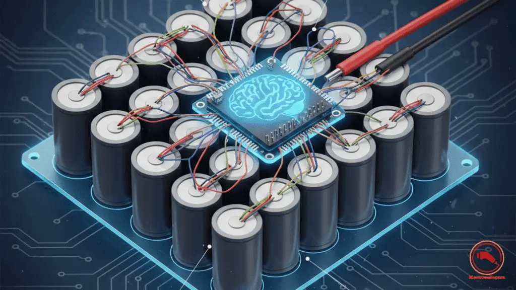 Esquema técnico del BMS motocicletas eléctricas actuando como cerebro central para el monitoreo y seguridad de las celdas de litio