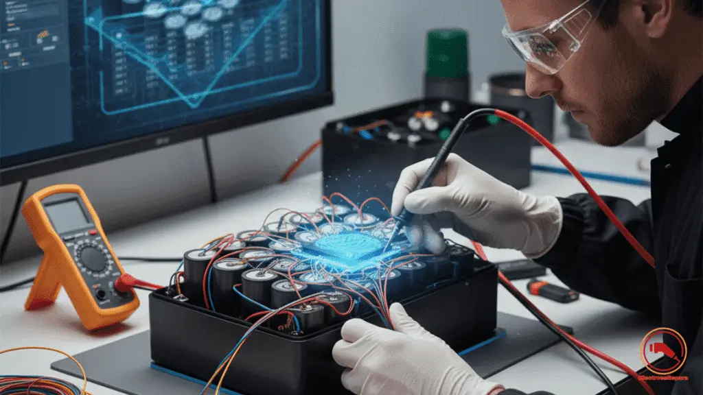 Técnico especialista realizando la reparación de baterías de litio para motos y revisión del sistema de gestión electrónica