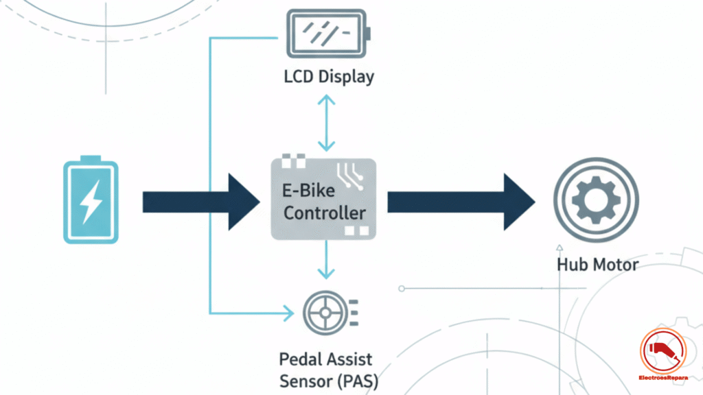 Diagrama de flujo que ilustra la función del Controlador E-Bike como cerebro central, conectando la batería, el motor y los sensores de asistencia al pedaleo.