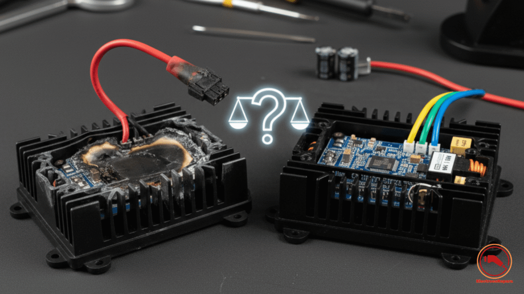 Primer plano de un Controlador Onda Sinusoidal e-bike de alta calidad, destacando las aletas de disipación y la etiqueta de especificaciones de voltaje y amperaje.