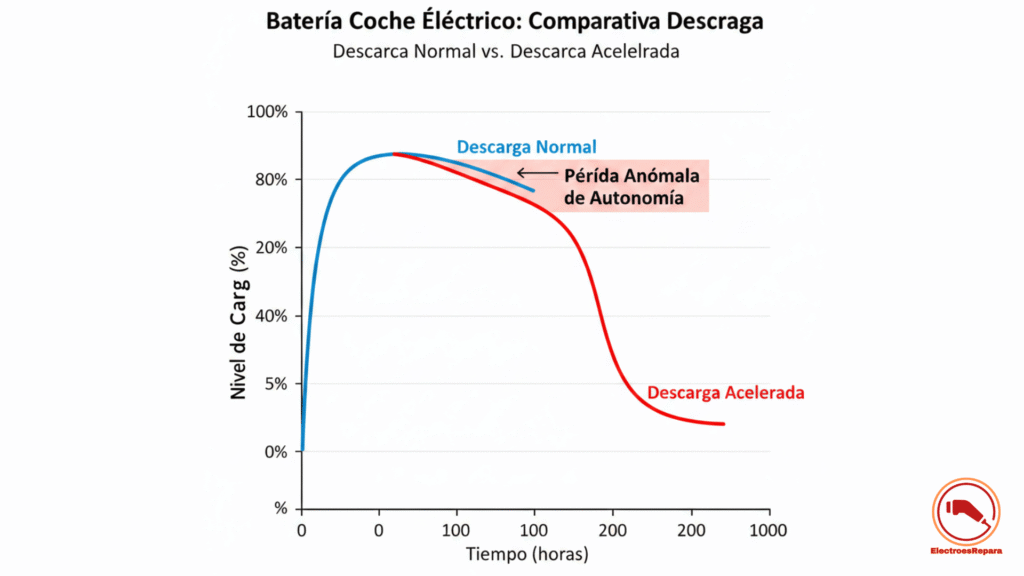 Batería coche eléctrico se descarga rápido: Gráfico que muestra la curva de descarga normal de una batería de EV comparada con una curva de descarga acelerada, destacando la pérdida anómala de autonomía.