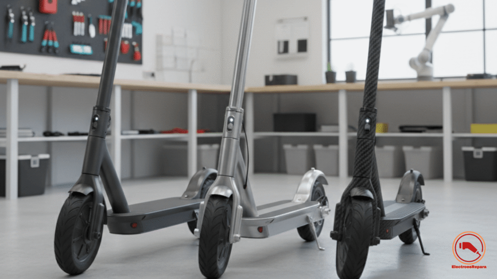 Comparativa de cuadros de patinete eléctrico de acero, aluminio y fibra de carbono en un taller especializado