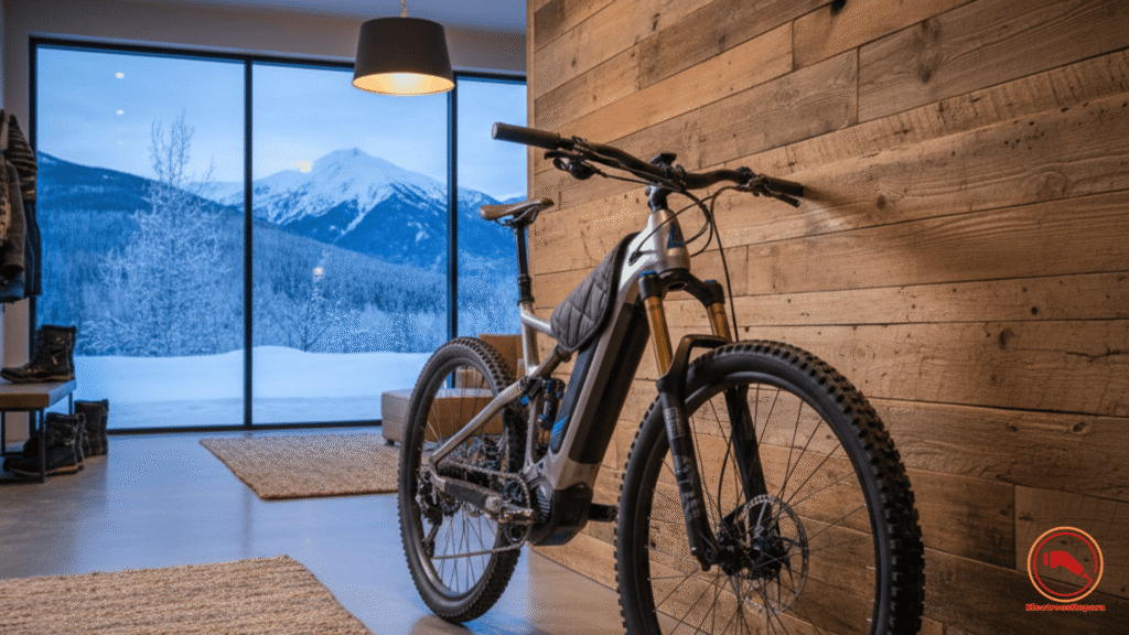Bicicleta eléctrica de montaña guardada en interior frente a ventana nevada. Mantenimiento de e-bike en invierno