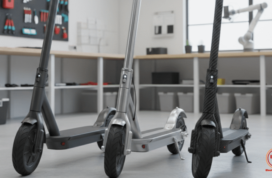 Comparativa de cuadros de patinete eléctrico de acero, aluminio y fibra de carbono en un taller especializado