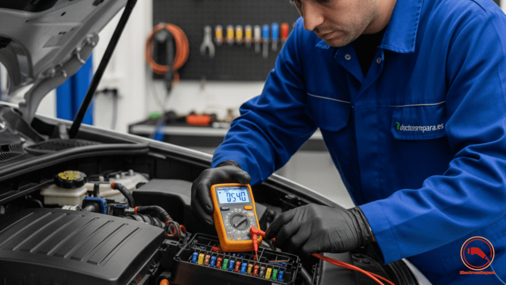 Drenaje parasitario EV: Primer plano de un técnico de electrosrepara.es midiendo el amperaje de reposo en el circuito de fusibles de un coche eléctrico, ilustrando la detección de consumo fantasma.