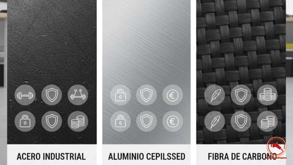 Infografía comparando las propiedades de peso, resistencia y coste de los materiales para cuadros de patinete