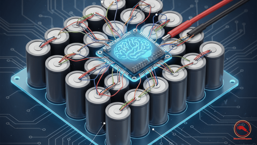 Esquema técnico del BMS motocicletas eléctricas actuando como cerebro central para el monitoreo y seguridad de las celdas de litio