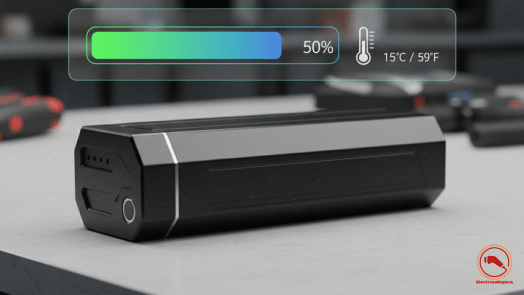 Nivel de carga ideal (50%) y temperatura óptima para el almacenamiento de batería de litio de bicicleta eléctrica.