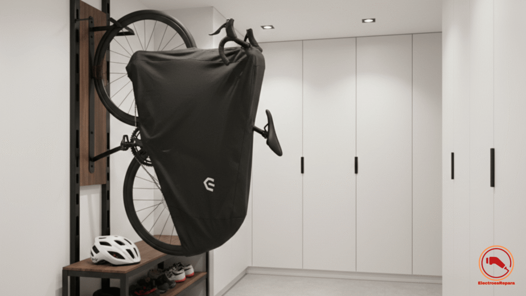  E-bike colgada en soporte de pared con funda transpirable en garaje seco. Almacenamiento eficiente de bicicletas.
