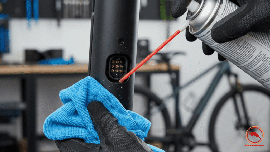 Limpieza de contactos eléctricos de e-bike con grasa dieléctrica para prevenir corrosión por sal y humedad invernal