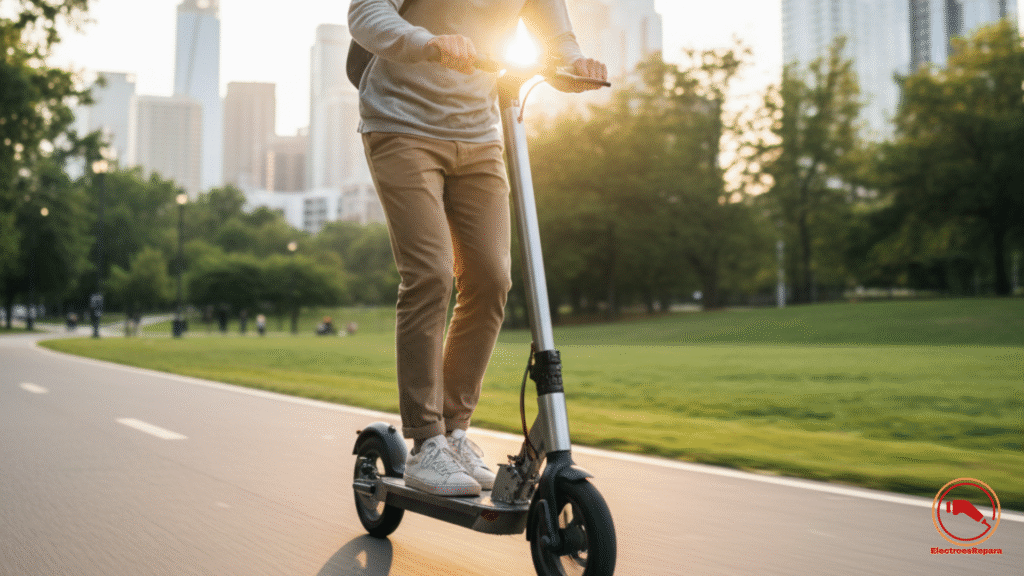 Usuario conduciendo con seguridad su patinete eléctrico en un entorno urbano gracias a un cuadro resistente