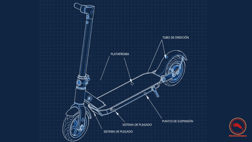 Plano técnico del chasis de un patinete eléctrico destacando la plataforma, sistema de plegado y suspensión