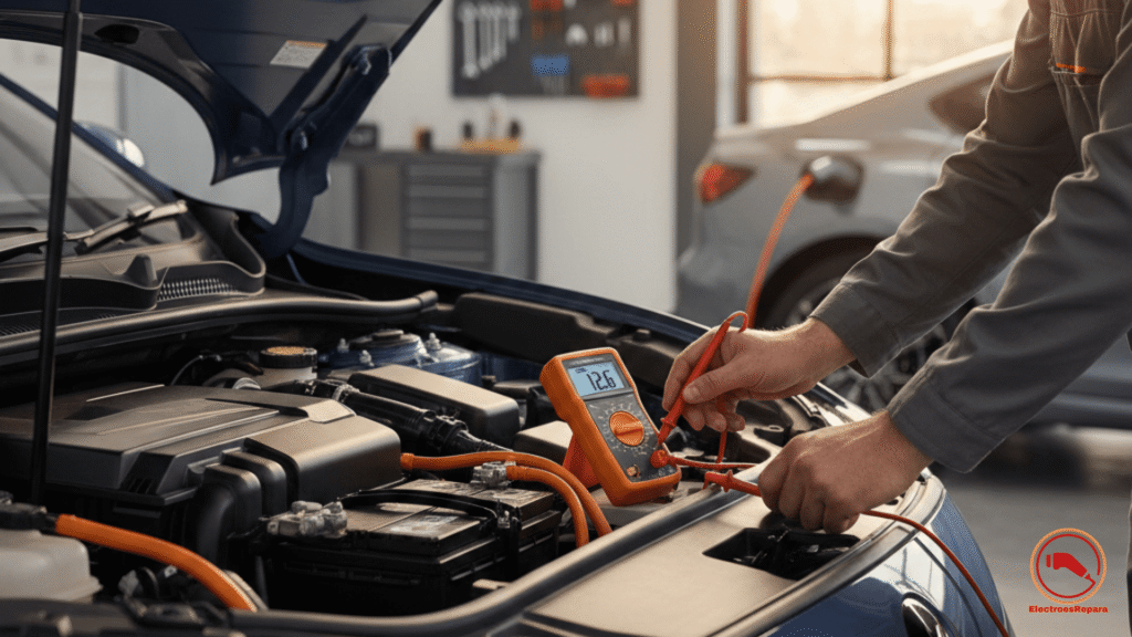 Diagnóstico Coche Eléctrico No Arranca: Comprobación de la batería de 12V con multímetro, la causa más común de Fallo Eléctrico en vehículos EV.