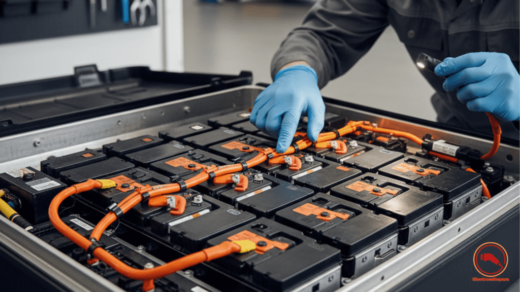 Inspección de un módulo de batería HV y cableado naranja, crucial para el Coste Reparación Batería Coche Eléctrico y la seguridad.