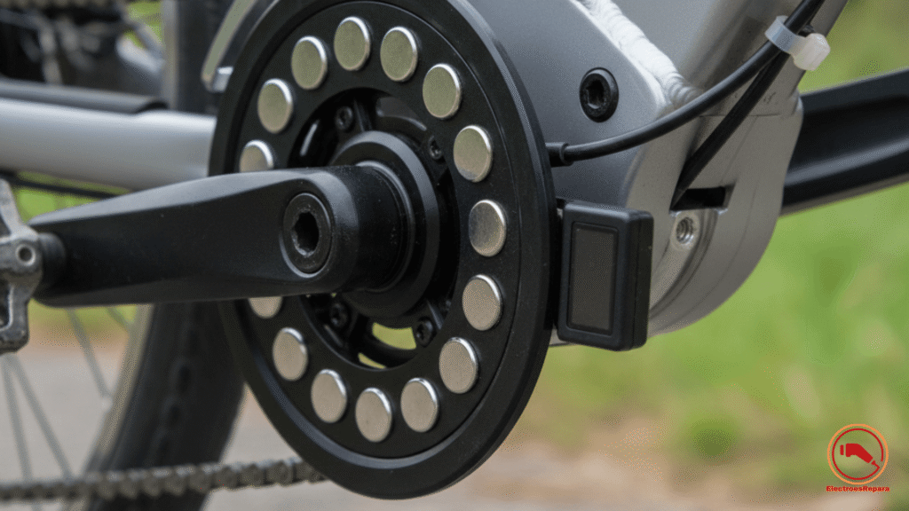 Detalle del sensor de cadencia (PAS) de una bicicleta eléctrica, esencial para la activación del motor.