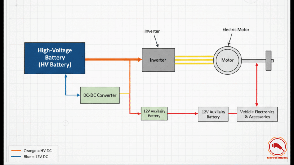 Diagrama del sistema de propulsión de un vehículo eléctrico, clave para el Mantenimiento Vehículos Eléctricos y la identificación de Fallo Eléctrico.
