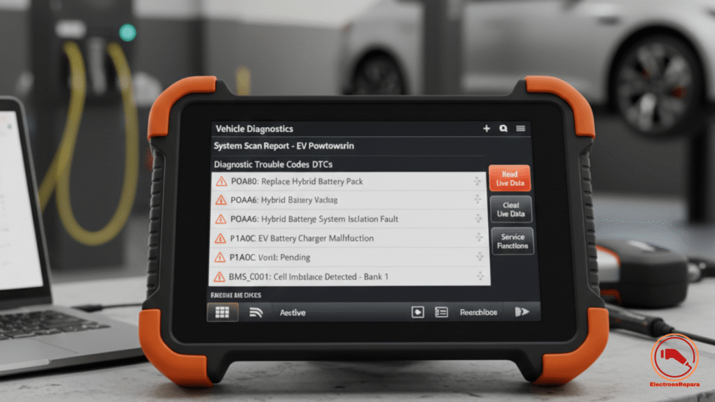 Escáner Diagnóstico EV profesional mostrando códigos de error DTC para la Reparación Coche Eléctrico y el Mantenimiento Vehículos Eléctricos.