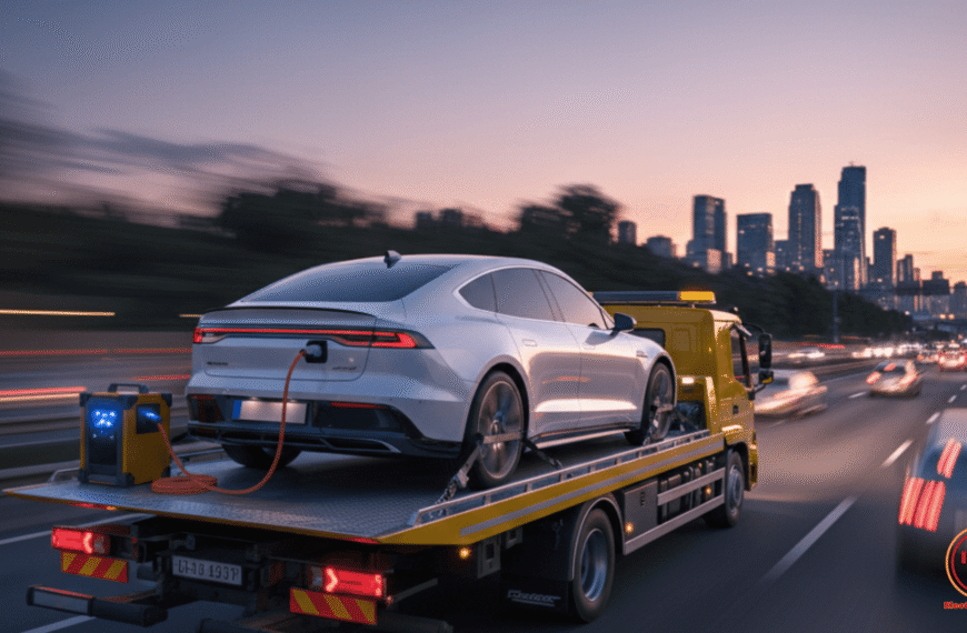 Transporte seguro de un vehículo eléctrico que no arranca en una grúa de plataforma plana para evitar daños en el motor y el sistema de Mantenimiento Vehículos Eléctricos.