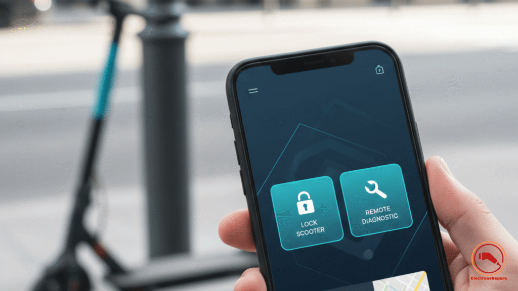 Conectividad Patinete Eléctrico: Aplicación móvil con función de bloqueo antirrobo y diagnóstico remoto, esencial para el Mantenimiento Patinete Eléctrico.