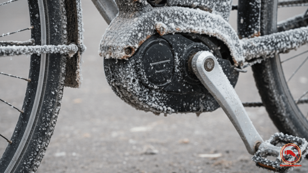 Corrosión ebike: Motor central de bicicleta eléctrica cubierto de sal y aguanieve en invierno, ilustrando la necesidad de protección motor ebike sal.