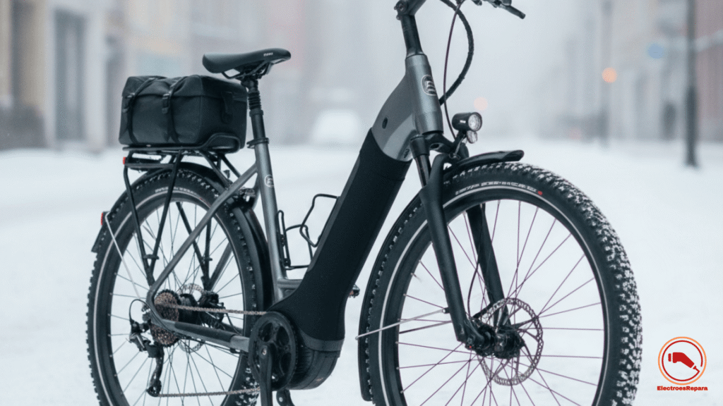 Bicicleta eléctrica invierno: E-bike con kit protección ebike, guardabarros largos y neumáticos de invierno, lista para el mantenimiento bicicleta eléctrica invierno.
