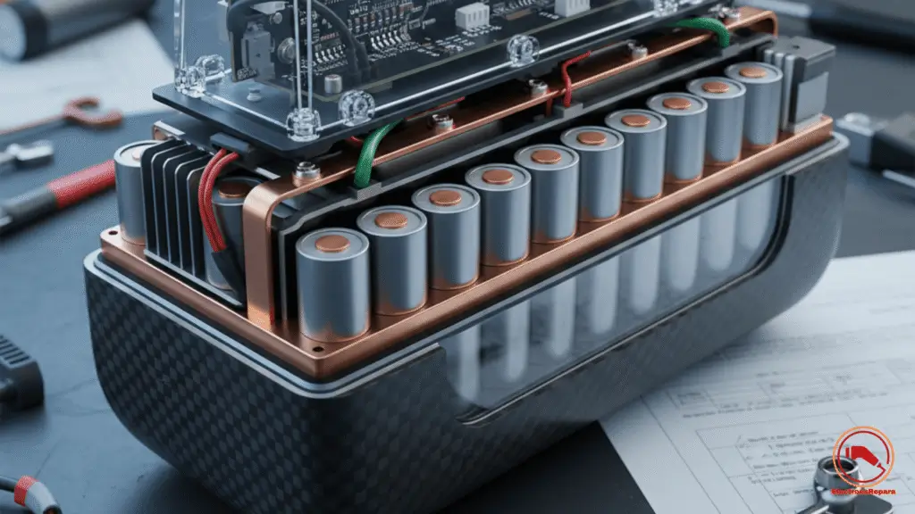 Despiece técnico de una batería de moto eléctrica mostrando celdas 21700 y el módulo de control BMS inteligente.