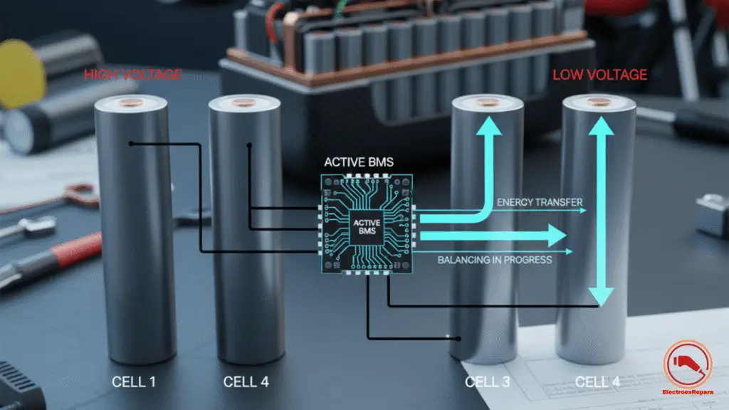 Diagrama de funcionamiento del balanceo activo de celdas en un BMS para maximizar la vida útil de la batería de litio