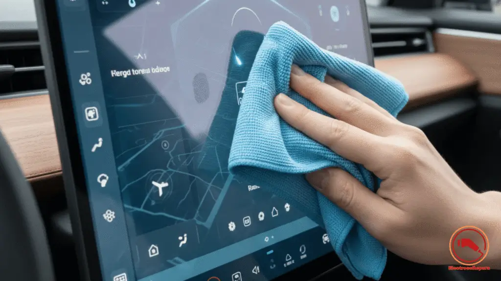  Limpieza de pantalla táctil de coche eléctrico con paño de microfibra. Cuidado de pantallas EV. 
