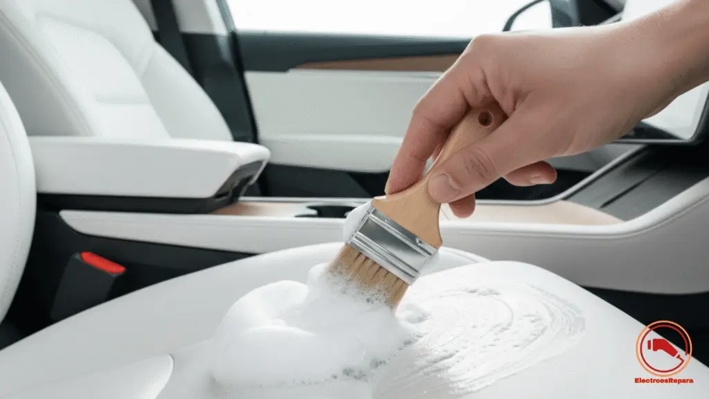  Limpieza de asiento de cuero vegano blanco en coche eléctrico. Eliminación de manchas en tapicería EV.
