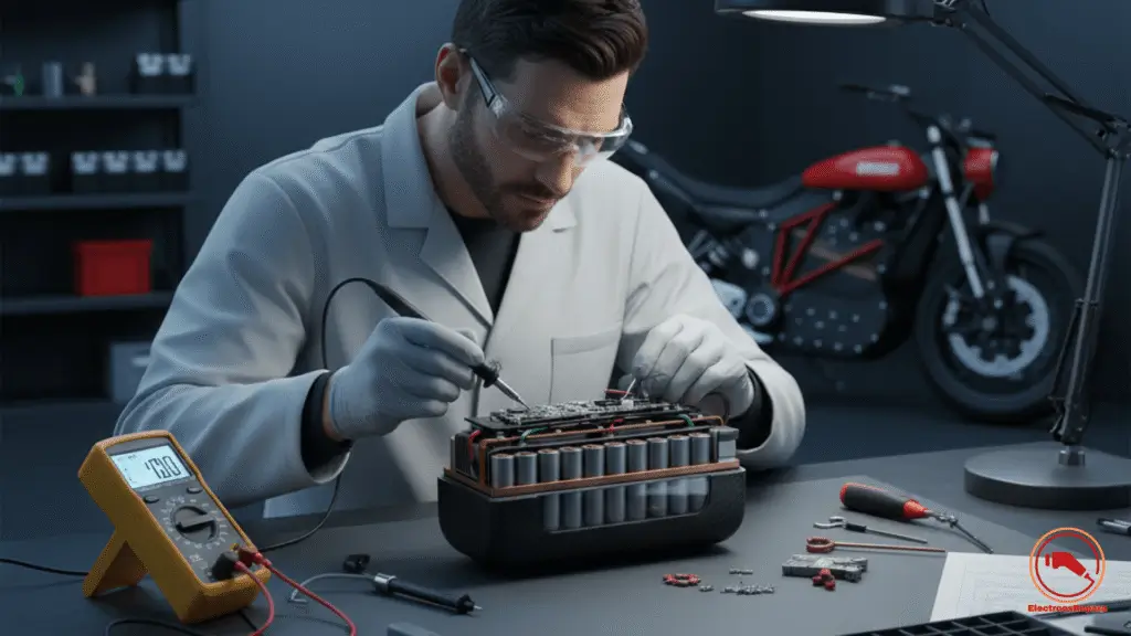 Servicio técnico especializado realizando la reparación de batería de litio y sustitución de celdas en una moto eléctrica