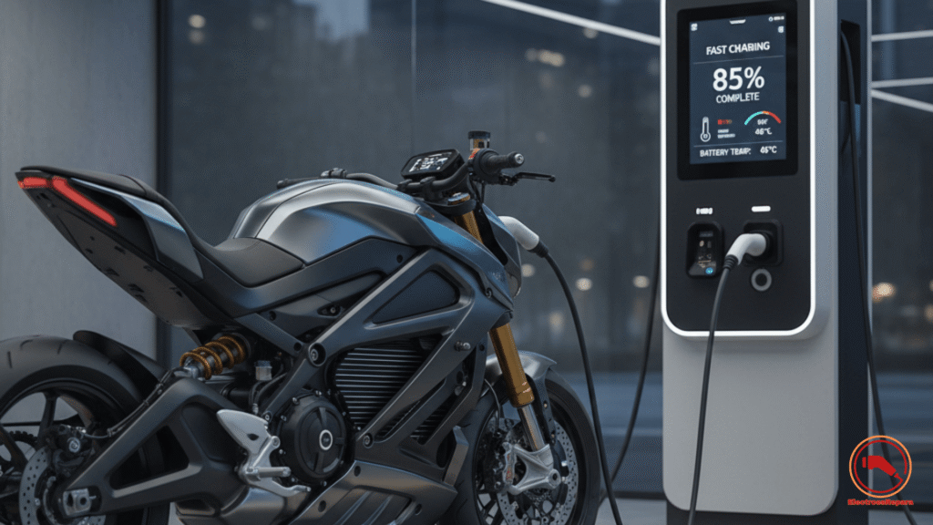 Motocicleta eléctrica en estación de carga rápida destacando la gestión térmica y el mantenimiento preventivo de la batería
