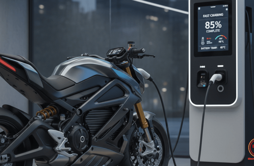 Motocicleta eléctrica en estación de carga rápida destacando la gestión térmica y el mantenimiento preventivo de la batería.
