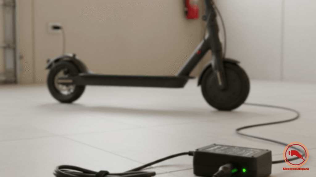 Patinete eléctrico cargando en superficie ignífuga y ventilada siguiendo protocolos de seguridad de batería."