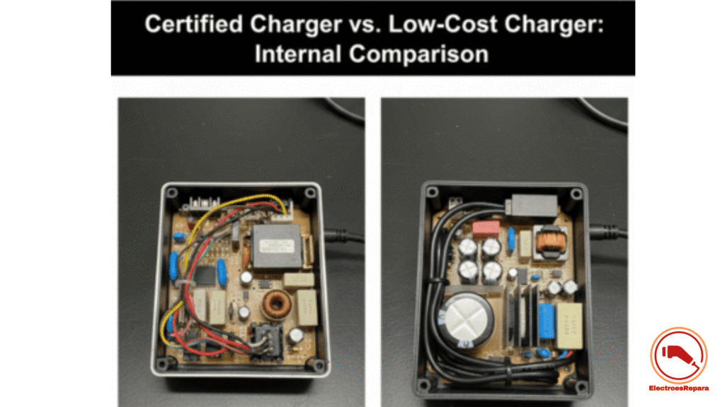"Diferencias internas entre un cargador de patinete certificado y uno de baja calidad para evitar incendios.