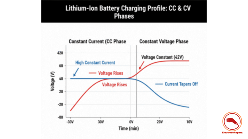 "Infografía del ciclo de carga CC/CV en baterías de litio: relación entre voltaje y amperaje para usuarios.