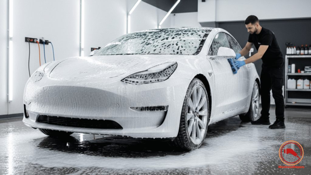 Detallado profesional de coche eléctrico con espuma activa. Limpieza exterior de vehículos eléctricos.