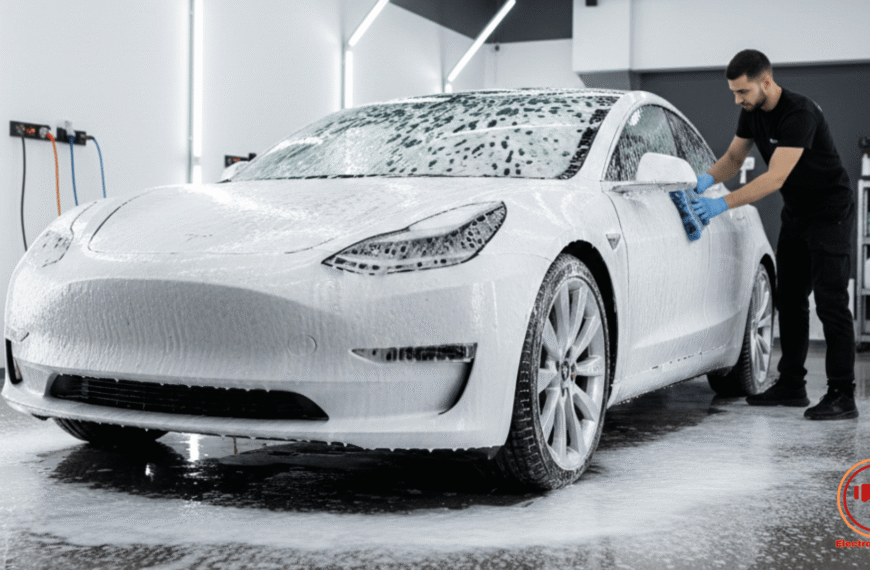 Detallado profesional de coche eléctrico con espuma activa. Limpieza exterior de vehículos eléctricos.