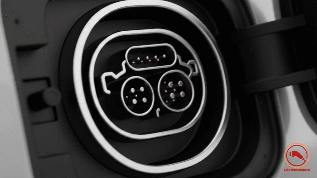 Puerto de carga de coche eléctrico limpio y seco con tapa abierta. Precauciones de limpieza EV. 