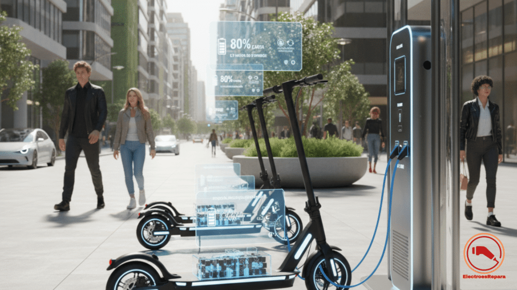 Patinetes eléctricos recargando en estación de carga ultra-rápida en una calle urbana en 2026.

