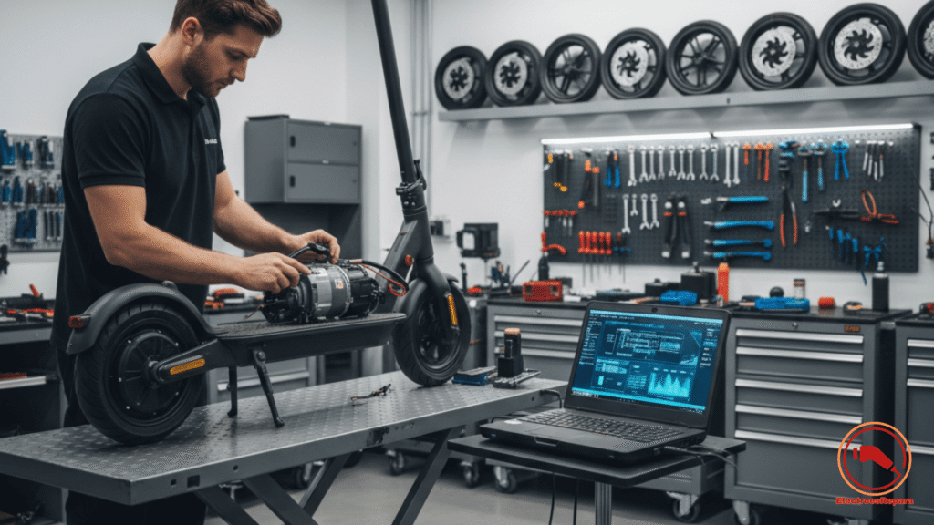 Técnico especializado sustituyendo motor de patinete eléctrico y diagnosticando una flota de VMP en taller profesional.

