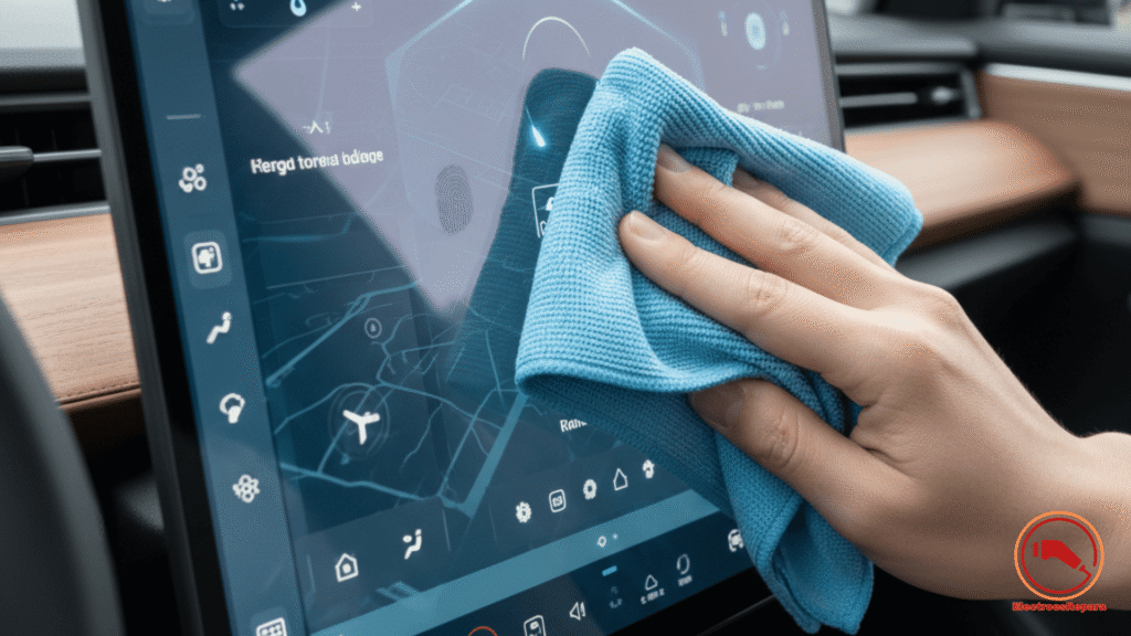  Limpieza de pantalla táctil de coche eléctrico con paño de microfibra. Cuidado de pantallas EV. 