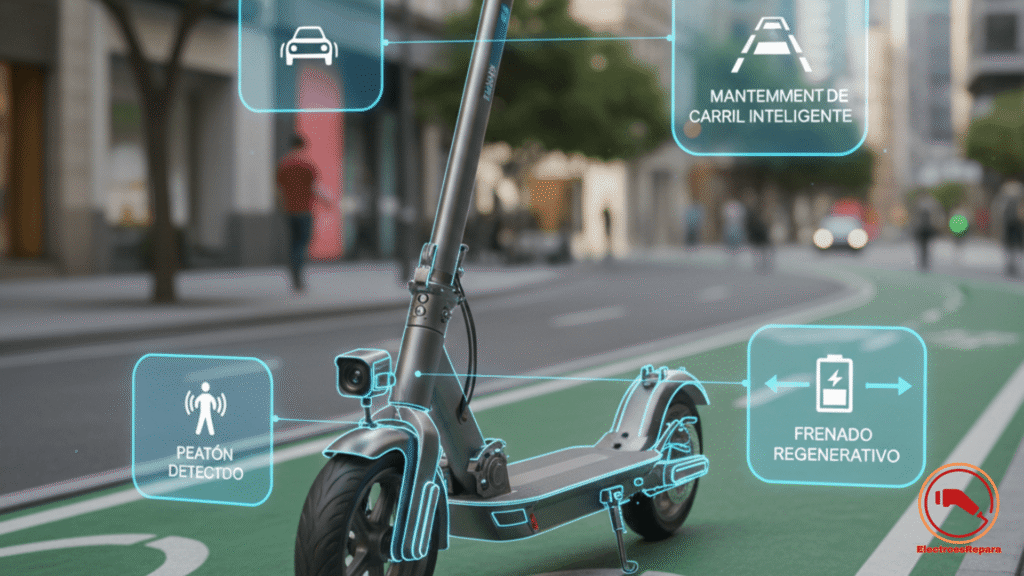 Patinete eléctrico con sistemas ADAS y frenado regenerativo inteligente para mejorar la seguridad vial.

