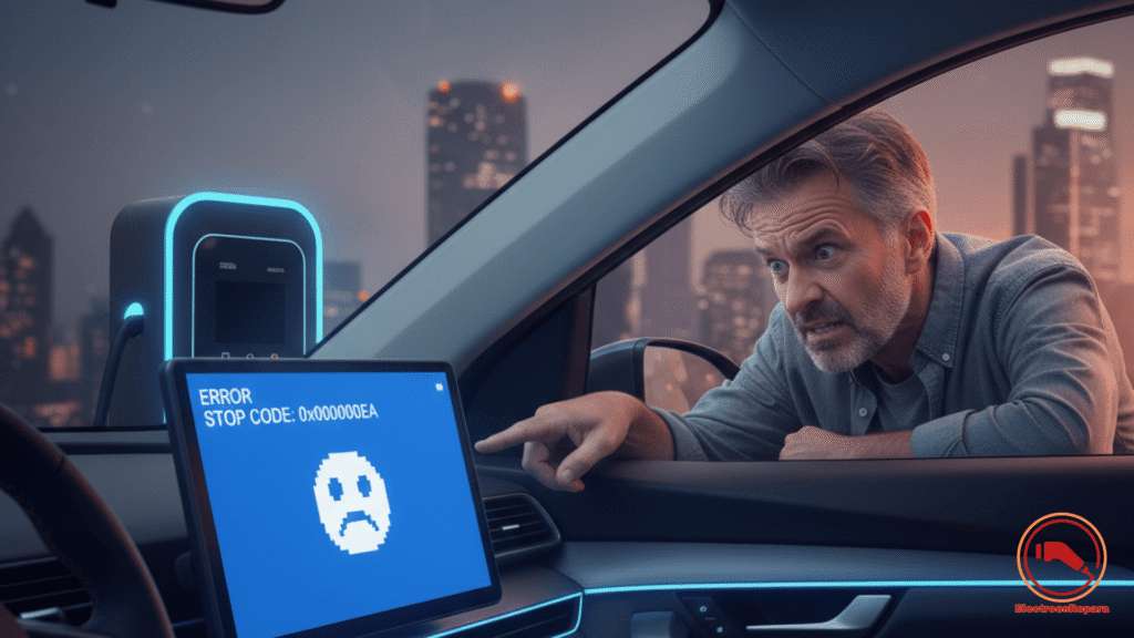 Solución a un fallo de software en un coche eléctrico con la pantalla de infoentretenimiento congelada o en negro.