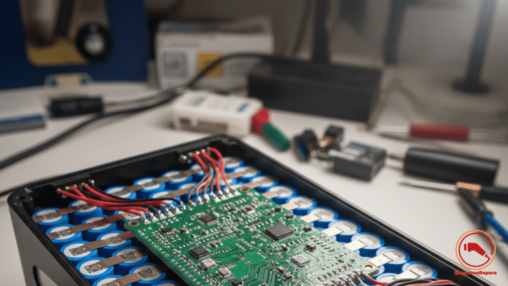 Placa electrónica BMS dentro de una batería de litio de bicicleta eléctrica.

