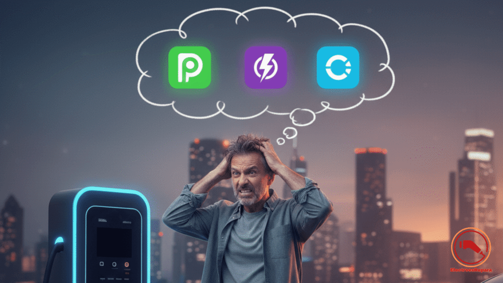 Conductor con problemas para cargar su coche eléctrico en un punto de carga público averiado, buscando soluciones en apps de carga.