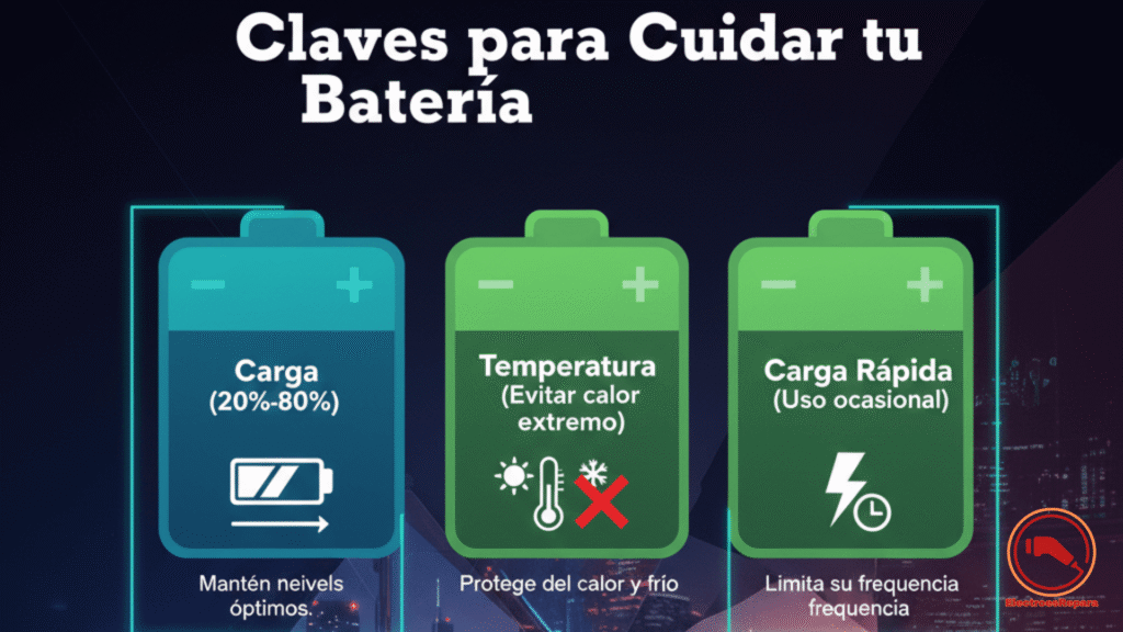 Infografía con consejos para evitar la degradación de la batería de un coche eléctrico, incluyendo ciclos de carga óptimos y control de temperatura.